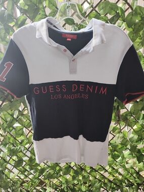 GUESS Denim Los Angeles Colorblock Polo - White & Black with Red Logo